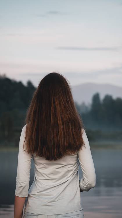 A woman seen from behind facing a misty mountain lake, framed vertically